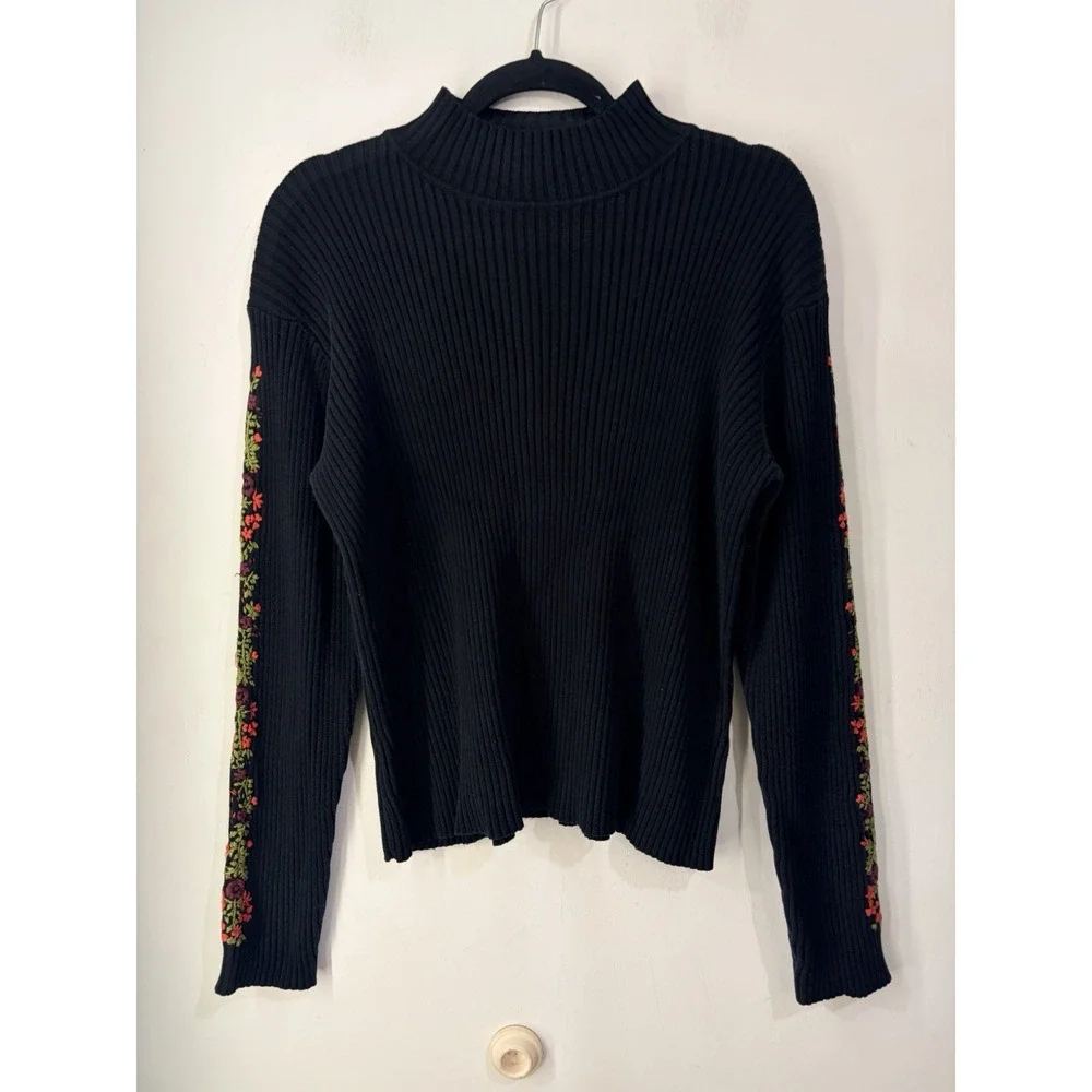 St Johns Bay XL Black Ribbed Mock Neck Sweater Floral Embroidered Sleeve Y2K